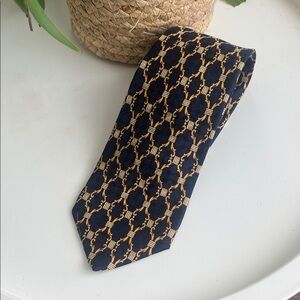 Vintage Christian Dior Silk Tie Baroque Chain Pattern Navy Gold